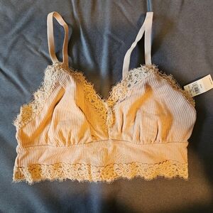 Aerie Ribbed Eyelash Lace Trim Longline Bralette, Tan, Size Medium